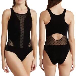 Just One Black Velvet Polka Dot Mesh Cut Out Sleeveless Bodysuit Women’s Medium